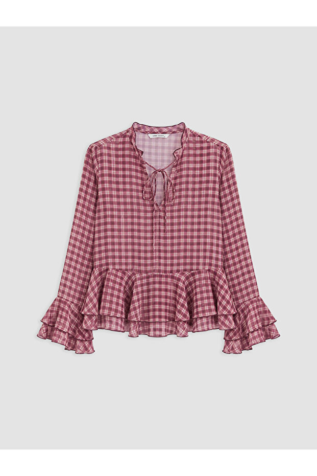 Pink Tie-Neck Plaid Ruffled Chiffon Blouse