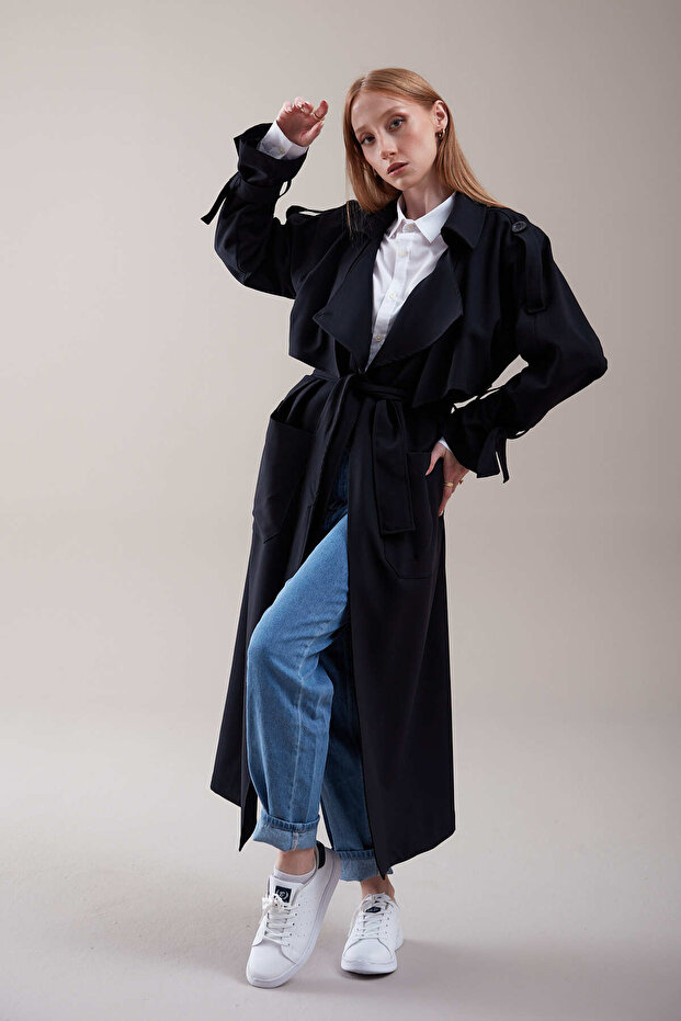 Women's Belted Long Trench Coat Oversized Cut