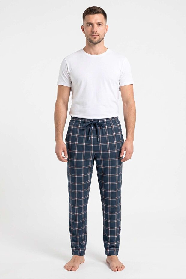 Men's Navy Blue Plaid Pattern Printed Combed Cotton Modal Pajama Bottoms