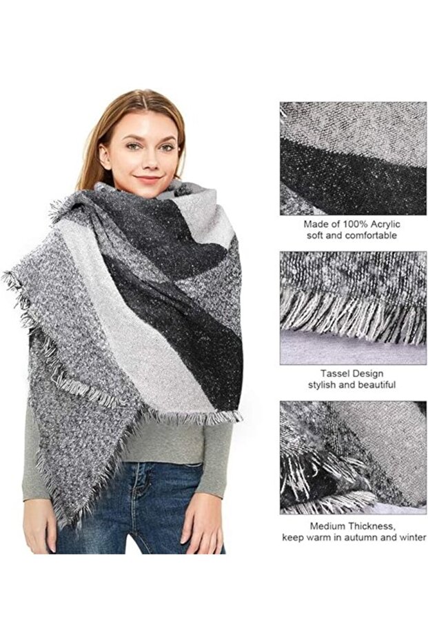 Women's plaid scarf black large winter shawl warm gift.