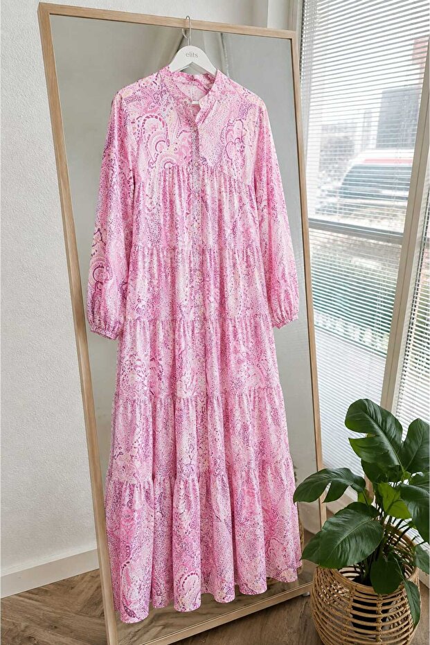 Shawl Pattern Long Button Detailed Dress