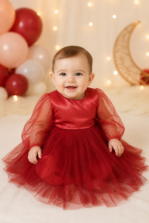 Baby Girl Burgundy Tulle Skirted and Balloon Sleeve Dress - 6 Months Henna, 1 Year Birthday, Wedding and Special Occasion Dress