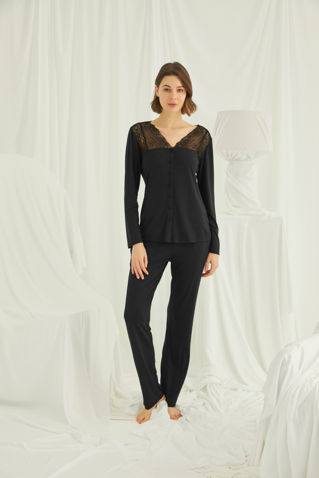 Lace-Trimmed Pajama Set, Women's Long-Sleeved Viscose Pajama Set, Front Buttoned Home Wear, Luxury Home Set