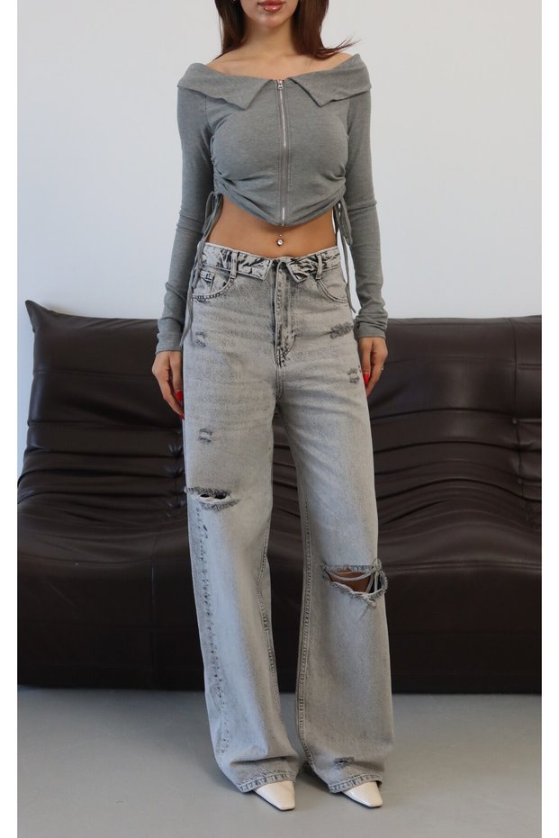 Women's Gray Laser Low Waist Reverse Belt Detailed Laser Washed Ripped Wide Leg Jean Trousers