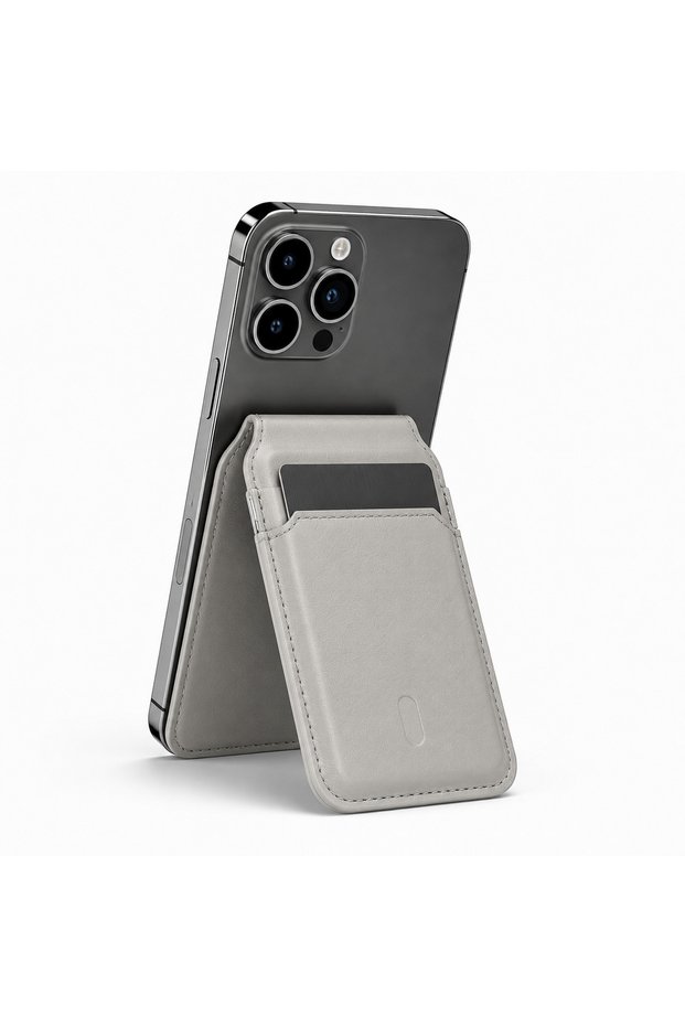 M1Pro Magsafe Compatible Magnetic Card Holder and Phone Stand – 2-3 Card Capacity, Slim Premium Vegan Leather – Gray