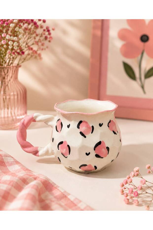 Pink Leopard Patterned Handmade Ceramic Mug | Decorative Gift Mug