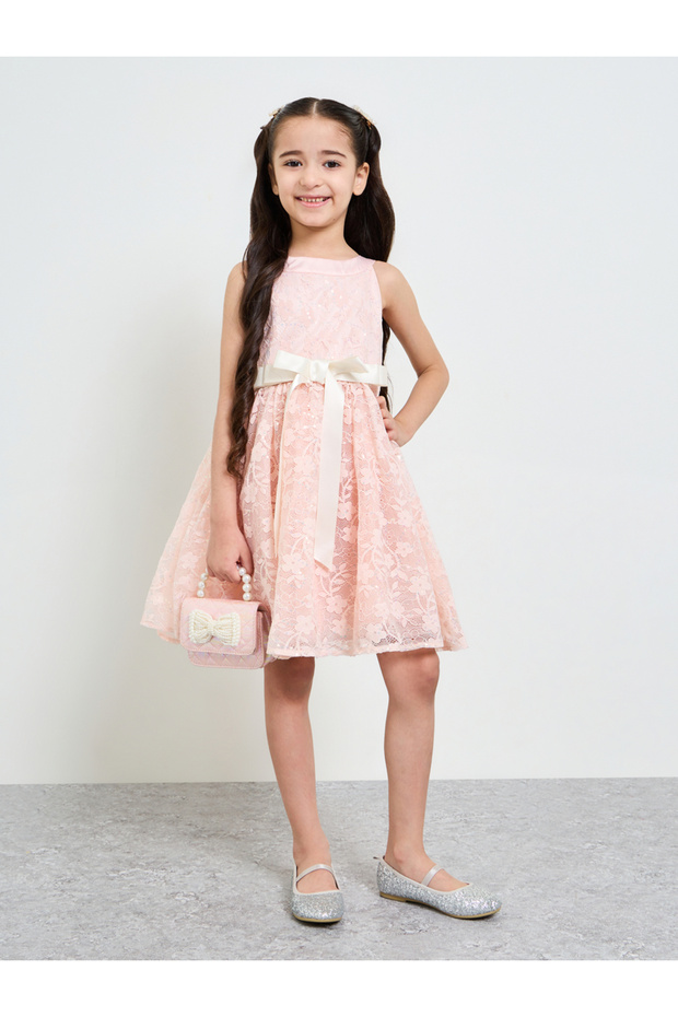 Girls Light Pink Lace A-Line Dress