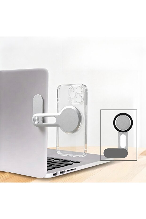 Silver Ultrathin Magnetic Car Phone Holder Laptop Stand with Same Screen Display Side Foldable Rollo