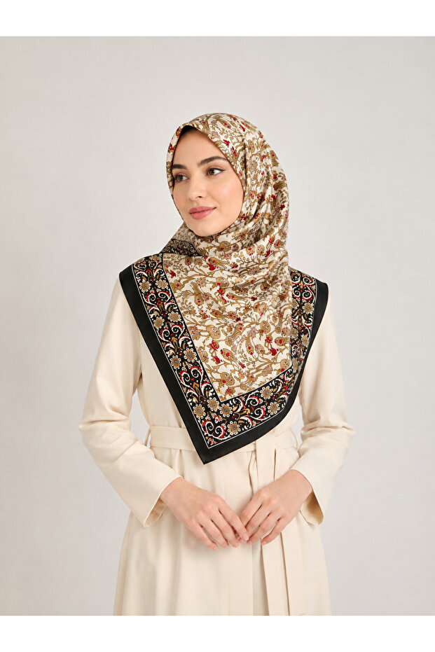 Authentic Floral Patterned 90X90 Square Shawl – Black Beige