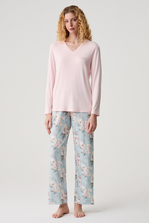 Viscose Floral Patterned V-Neck Pajama Set