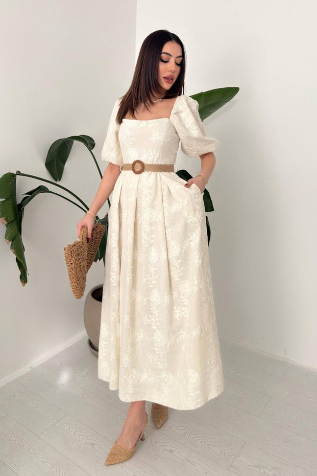 Women's Stone Midi Embroidered Square Collar Balloon Sleeve Pocketed Cotton A-Line Dress