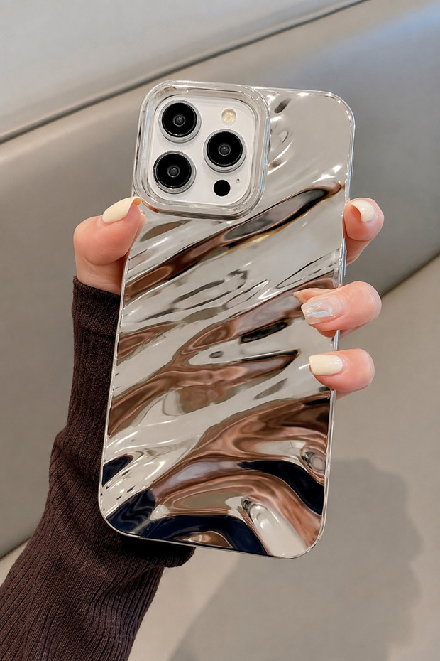 iPhone 15 Pro Compatible - Silver Wave Gradient Cover, Non-Flaking and Non-Yellowing Shockproof Glossy Case