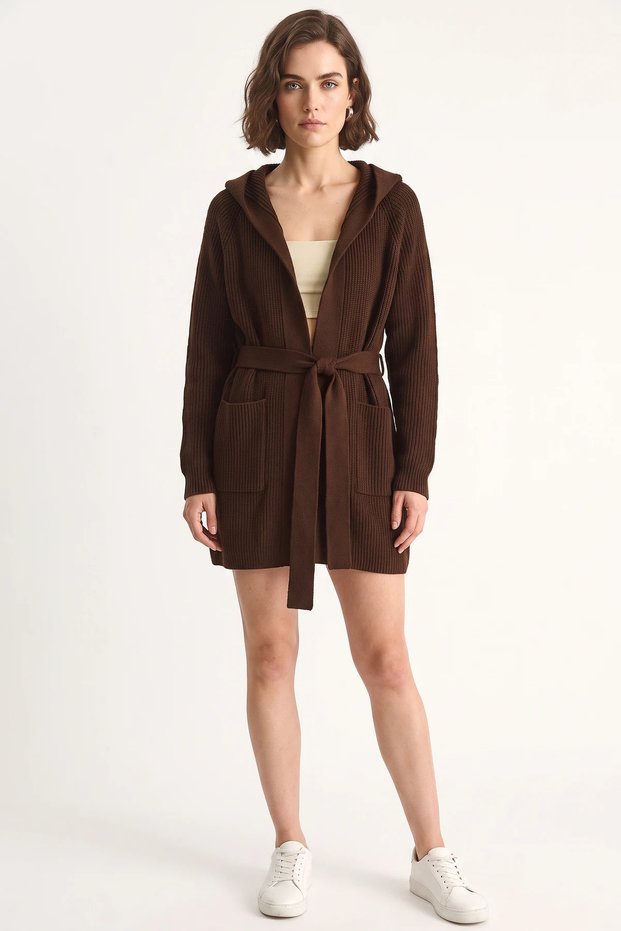 Women's Hooded Shawl Collar Belted Brown Cardigan