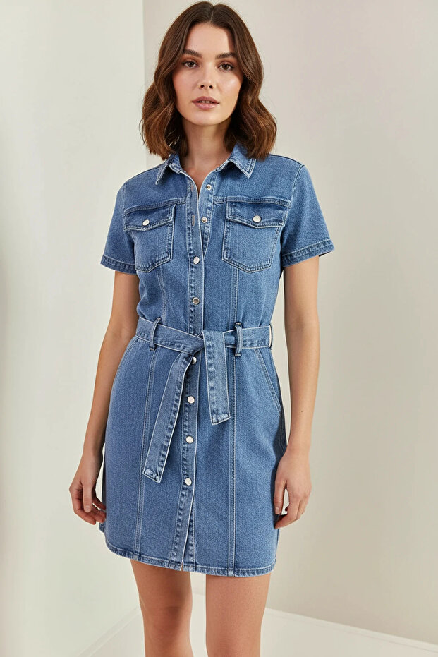 Women's Belted Snap Button Denim Blue Dress