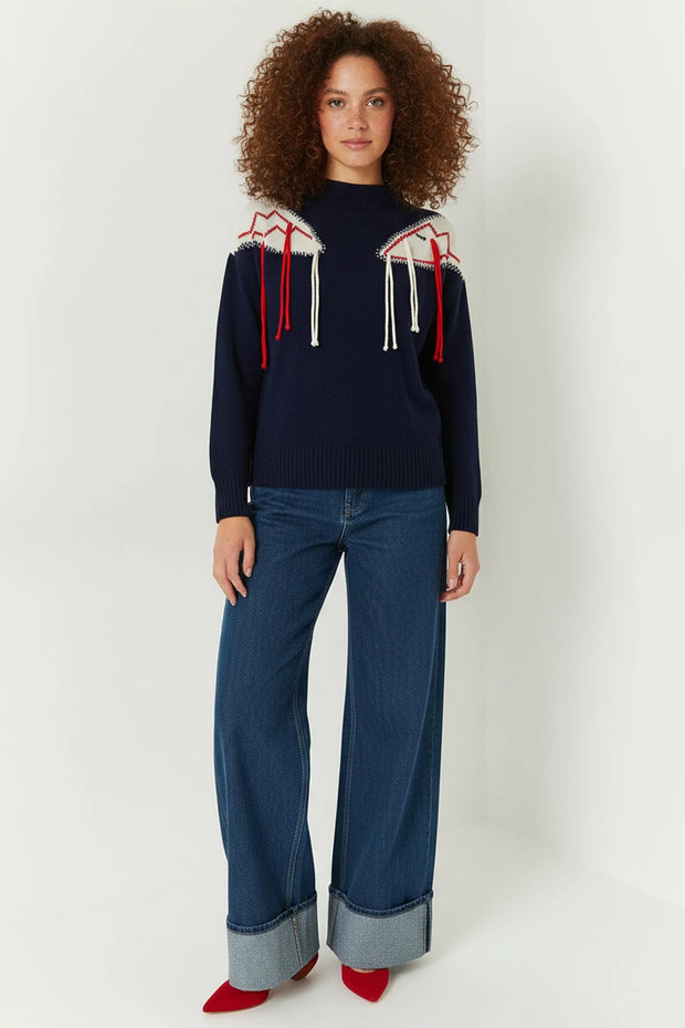 Women's Fringed Knitwear Navy Blue Sweater