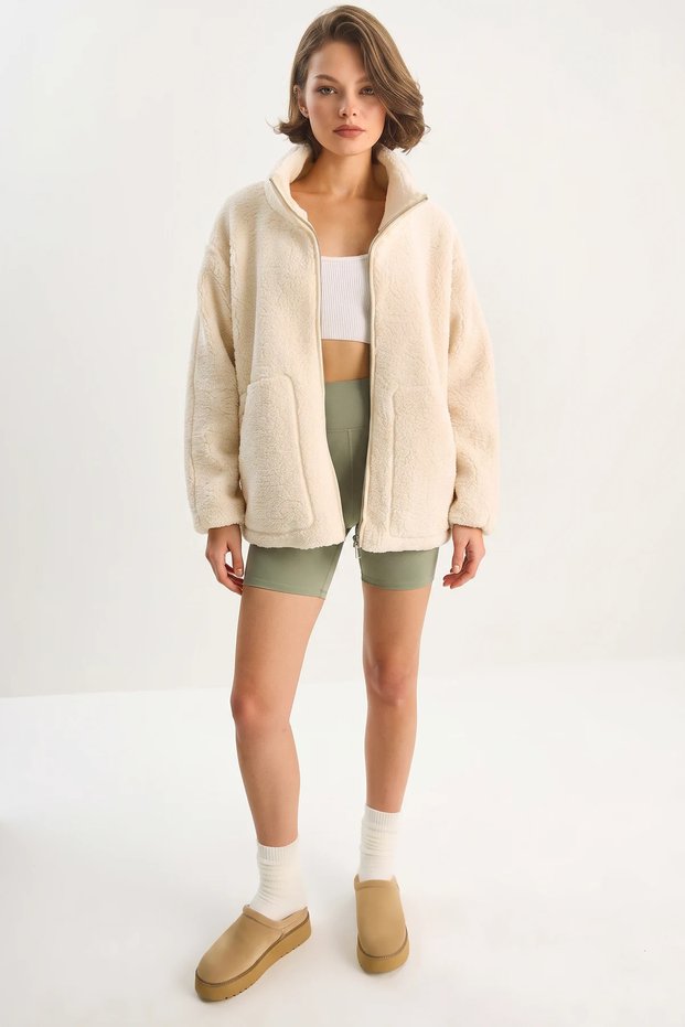 Women's Pocket Detailed Zippered Lined Stand Collar Plush Cream Coat