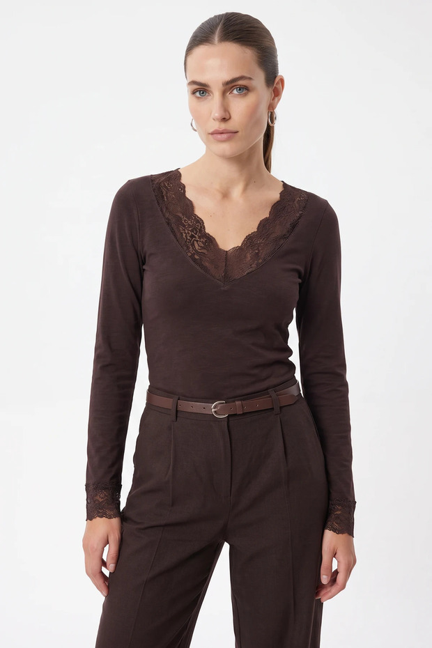 Women's V-Neck Lace Viscose Brown Blouse