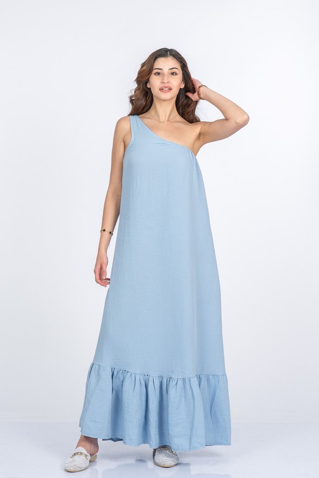 Women's Summer Blue Valeska Premium Muslin Fabric One-Shoulder Dress 50417