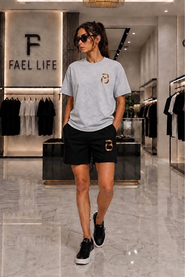 Unisex Comfortable Fit T-Shirt and Shorts B Gold Printed Set