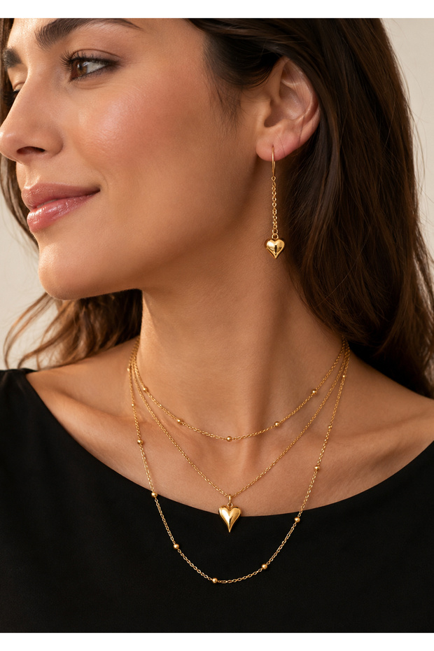 Women's Heart Necklace and Earring Set Gold Color Multiple Chain Minimal Elegant Jewelry Gift