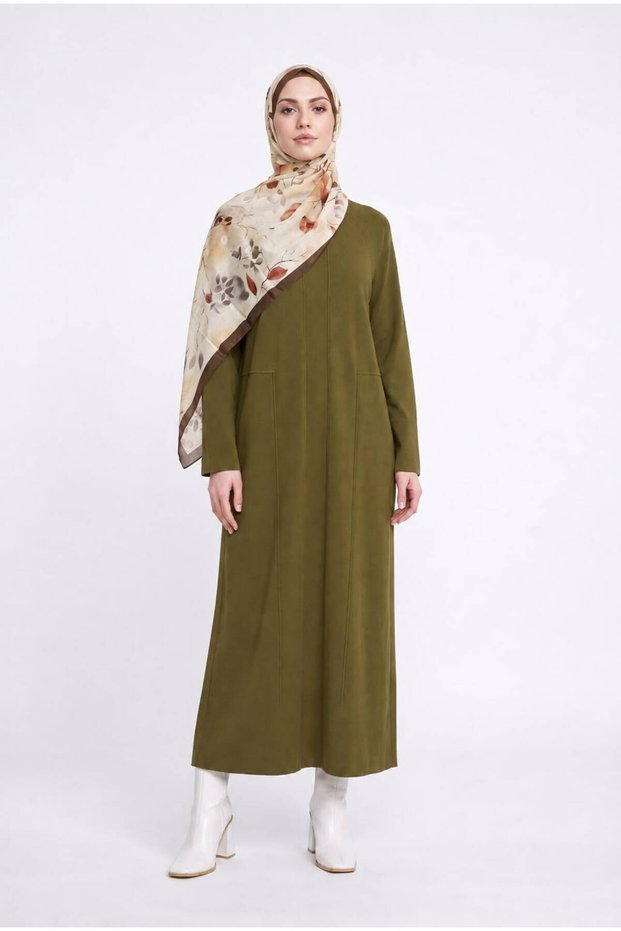 Trendy Stripe Detailed Raglan Sleeve Full Fit Cold Yarn Full Length Knitwear Dress-130 cm