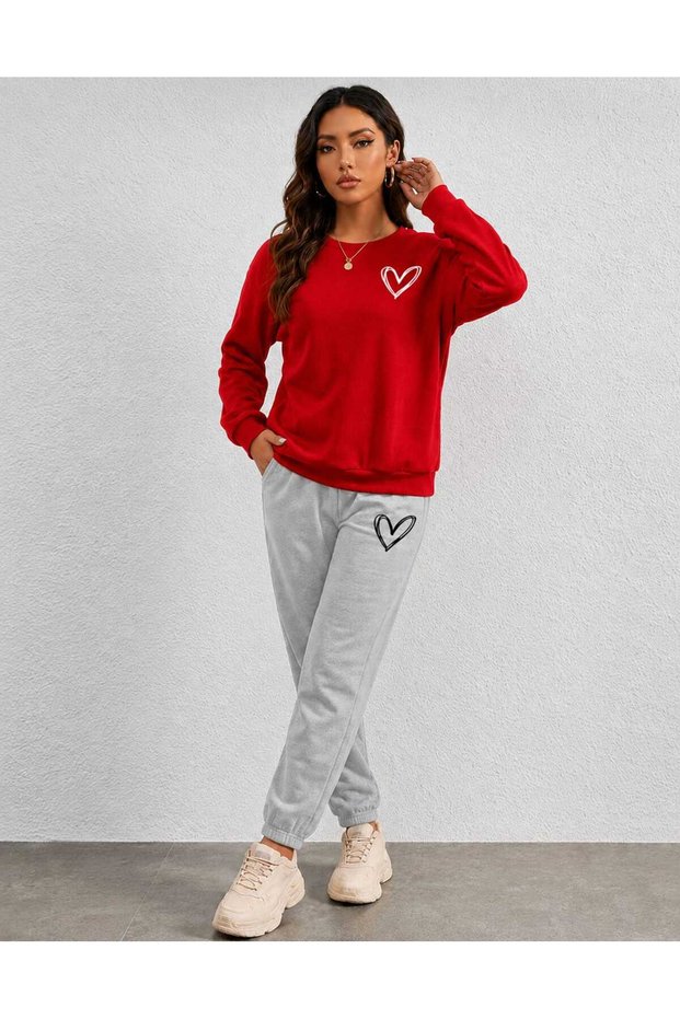 Zero Collar Sweat Suit 2-Piece Combination Winter Shardooned Minimal Heart Printed Women's / Girls' Model