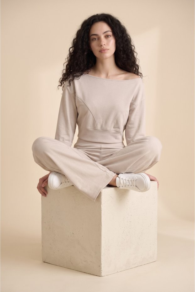 Women's Stone Color Crop Sweatshirt Boat Neckline Stitching Detail Sweatshirt Elastic Waist Pocket Bottom Modal Fabric Set
