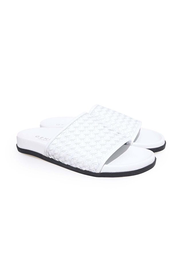 White Color Genuine Leather Men's Slippers