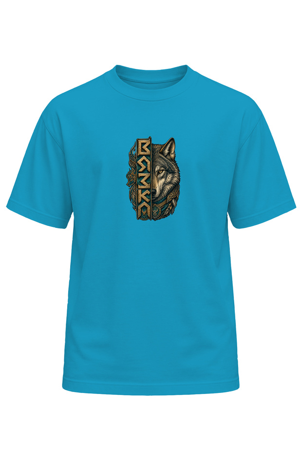 Unisex Black Wolf Göktürk Motif Printed T-Shirt – Special Design T-Shirt with Wolf Pattern and Ancient Turkish Symbol