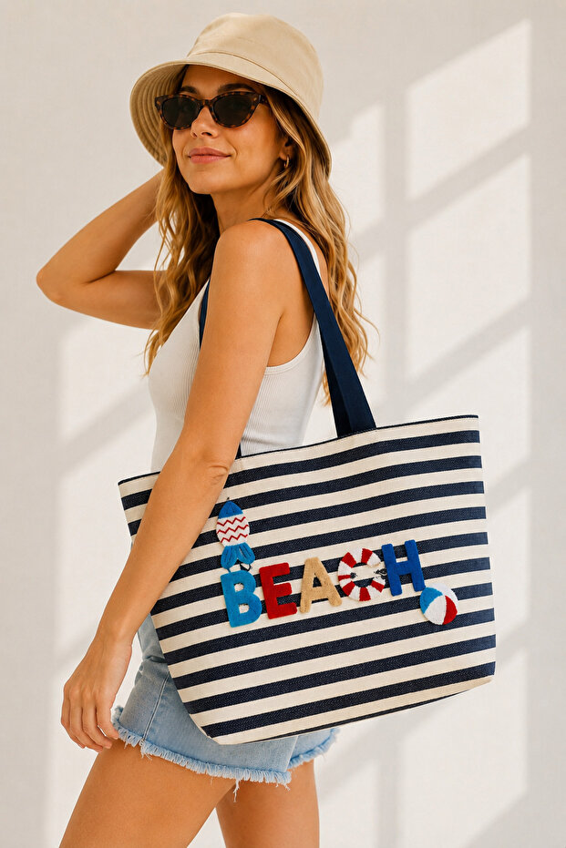 Beach Punch Embroidered Zippered Large Women's Beach Bag