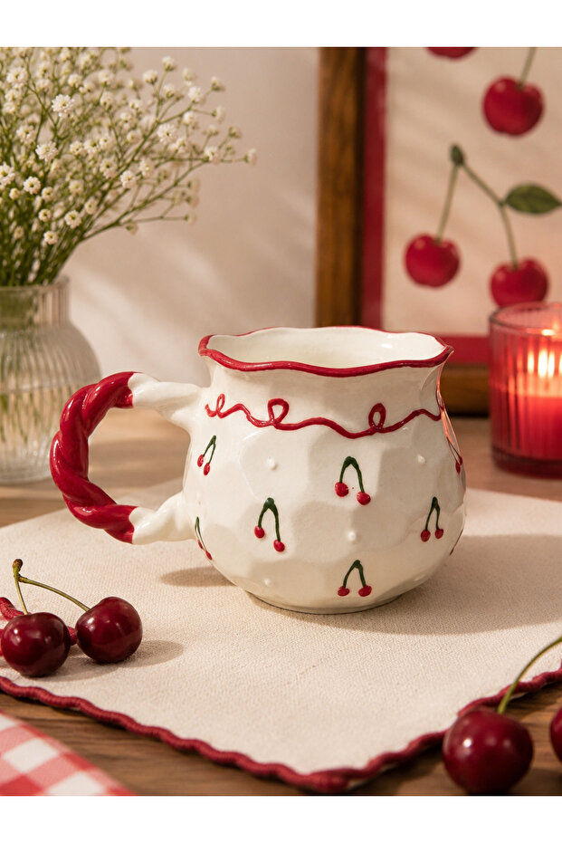 Cherry Patterned Handmade Ceramic Mug |   Decorative Gift Mug