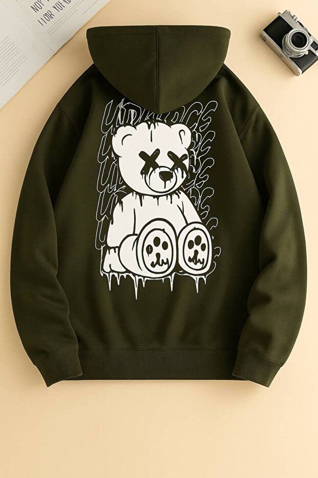 Unisex Oversize 3 Thread Yarn Kangaroo Pocket "Teddy Bear" Printed Hooded Sweatshirt