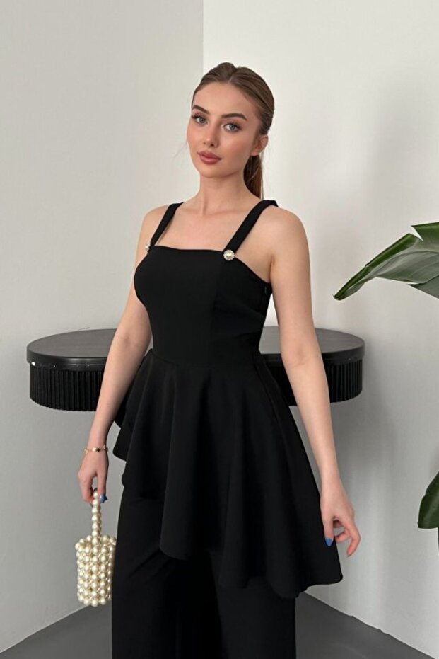 Black Flounce Blouse and Pants Set