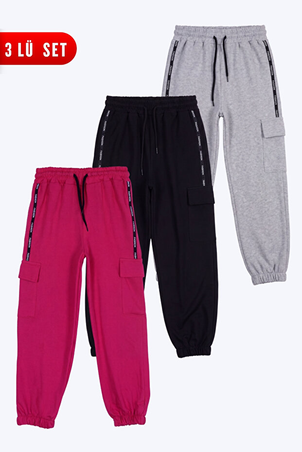 3-Piece Girls' Striped Cargo Pocket Sweatpants