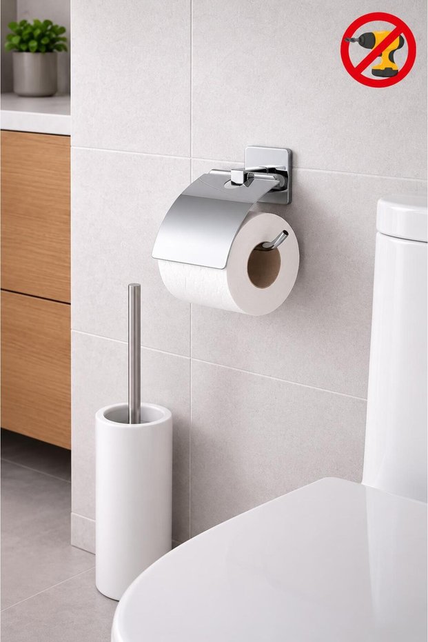 Chrome Toilet Paper Holder with Adhesive Square Cover - No More Drilling!