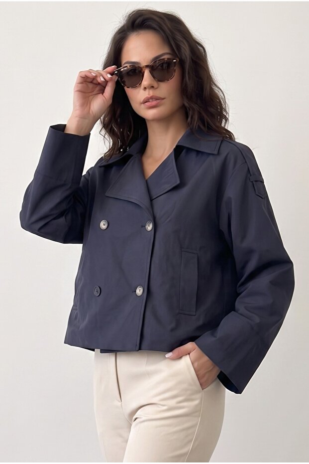 Basic Buttoned Double-Breasted Collar Navy Blue Trench Coat