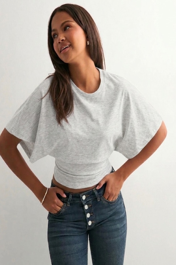 Women's Waist-Fitted Wide-Sleeve Natural Viscose Blouse - Soft Textured Stylish Summer Gray Melange (4710)