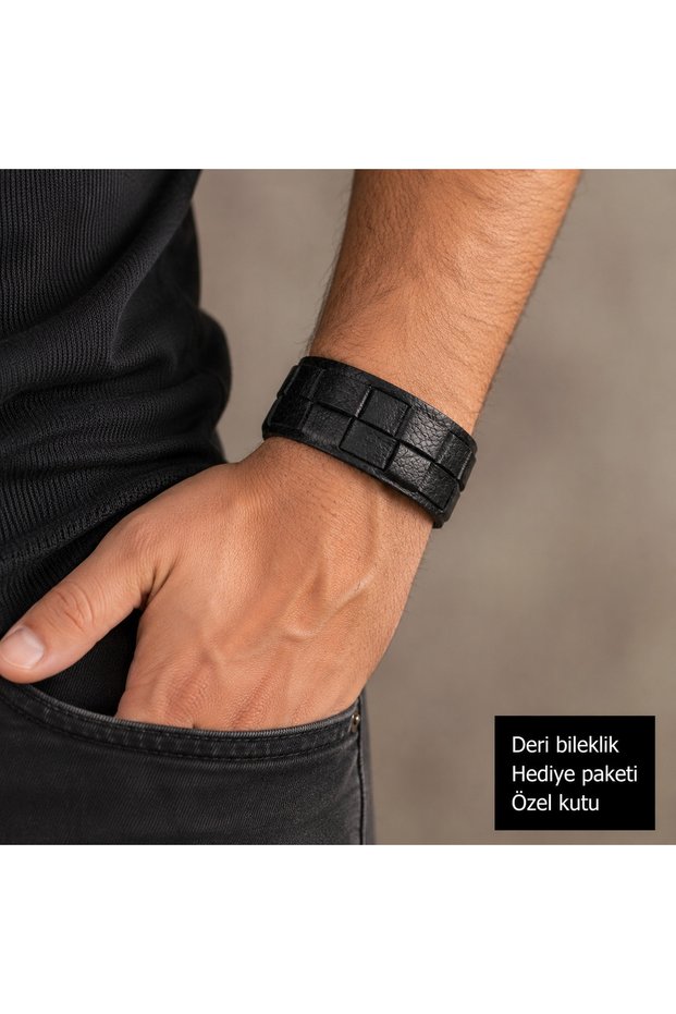 Men's Black Leather Bracelet – Braided Design, Adjustable Snap Closure, Gift Boxed