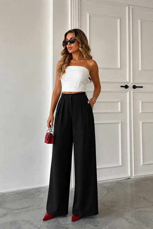Women's Three-Pleated Comfortable Fit Double Fabric Palazzo Trousers