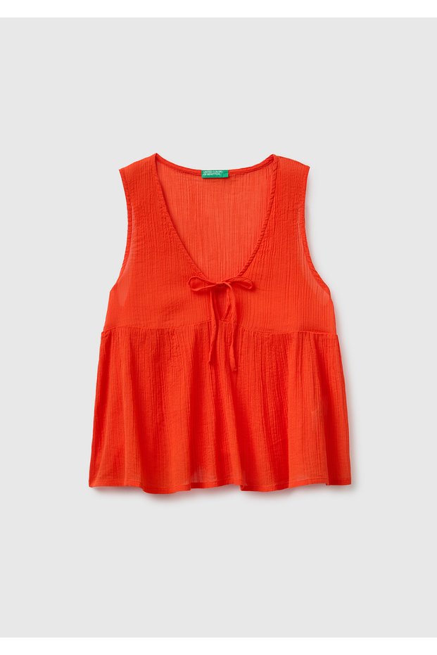 Women's Red 100% Cotton Sleeveless Blouse with Rope Detail on the Front