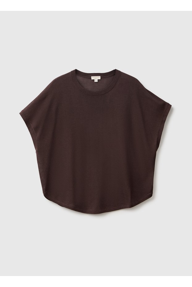 Women's Dark Brown Viscose Blended Oversize Short Sleeve Crew Neck Sweater
