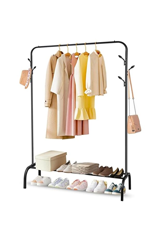 Metal Clothes Stand, Garment Rack with Hanging Single Rod, Storage Shelf, Black (Black)