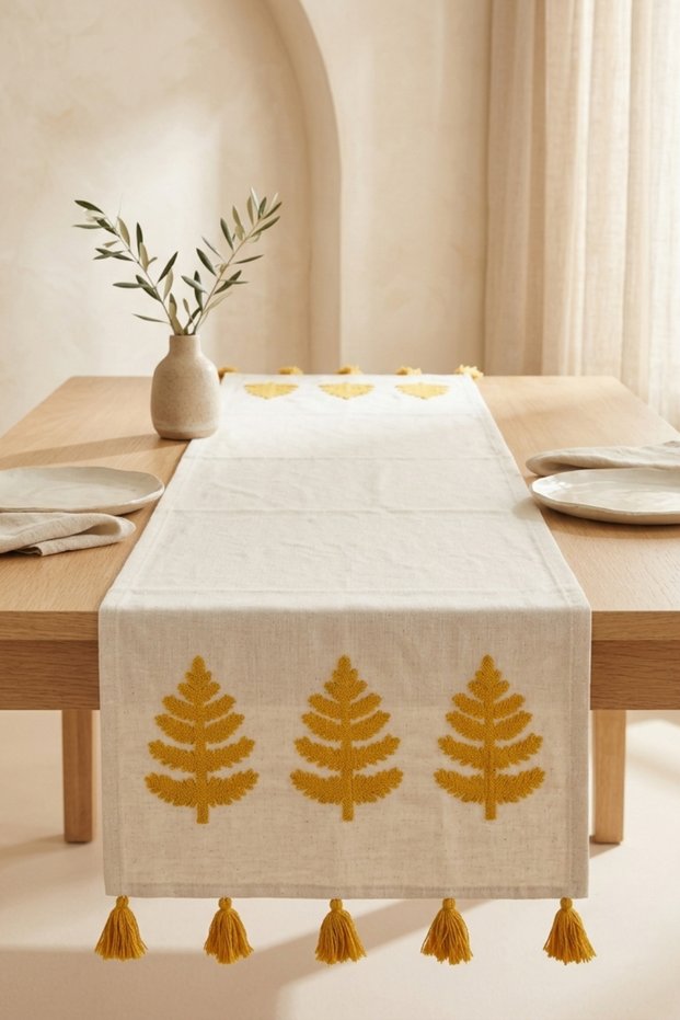 Tree of Life Embroidered Tassel Embroidered Cotton Runner Tablecloth 40X130 cm