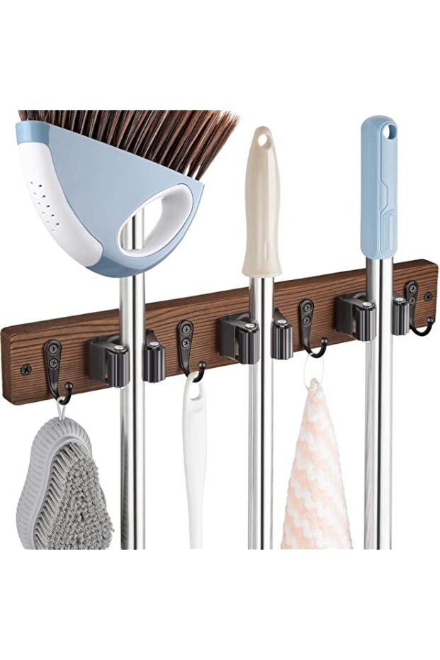 Mop Broom Holder Wall Mount with 3 Slots & 4 Hooks - Wood Broom Mop Hanger for Pantry Kitchen Organization