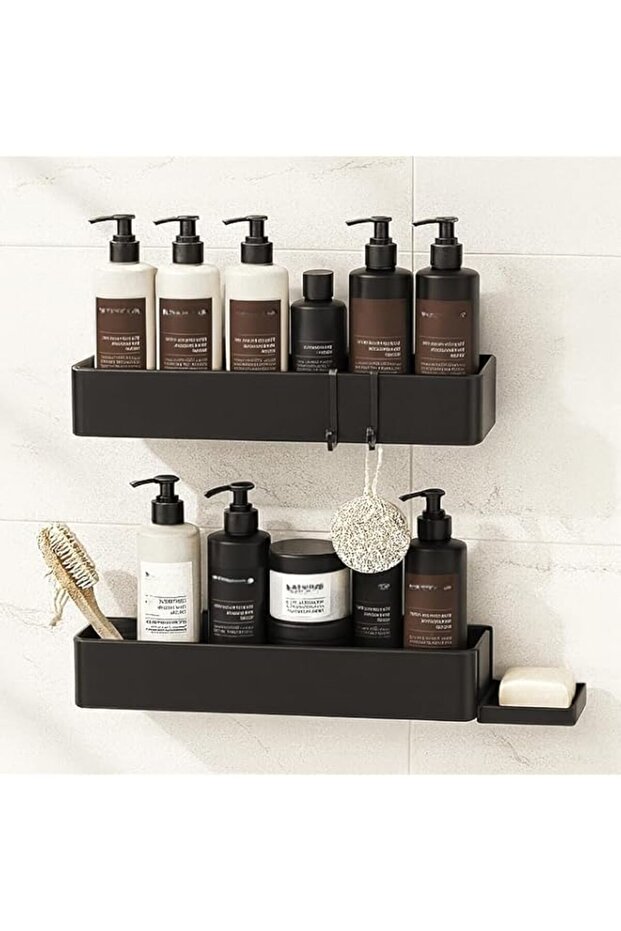 Large Shower Caddy 2-Pack, Adhesive Shower Organizer with Hooks & Soap Dish, Rustproof Bathroom Shelf No Drill, Extra-Large Shower Rack for Shower Accessories (Black, 40cm)