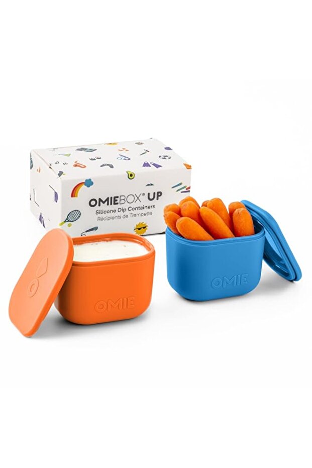 OmieBox UP (2 pack) Leakproof Dips Containers To Go, Salad Dressing Container, Condiment Container with Lids - Food Safe Silicone - 4.5 ounces (Blue/Orange)