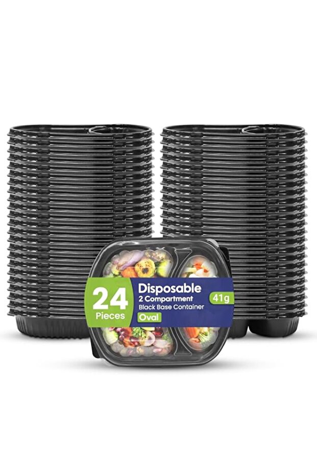 SNH Packing Disposable 24 Pack Oval Black Base Meal Prep Containers with Lids – 2 Compartment, Microwave, Freezer & Dishwasher Safe, Leak-Proof Food Storage Boxes