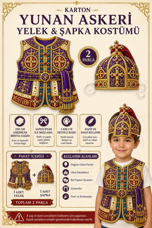 Children's Byzantine Military Costume 2 Piece Cardboard Vest and Hat Set – Historical Soldier Costume with Drawstring Fastening
