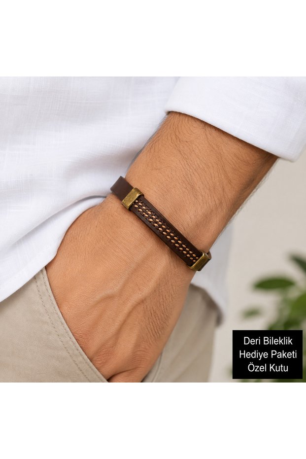 Men's Brown Leather Bracelet – Vintage Gold Detail, Comes with Special Gift Box