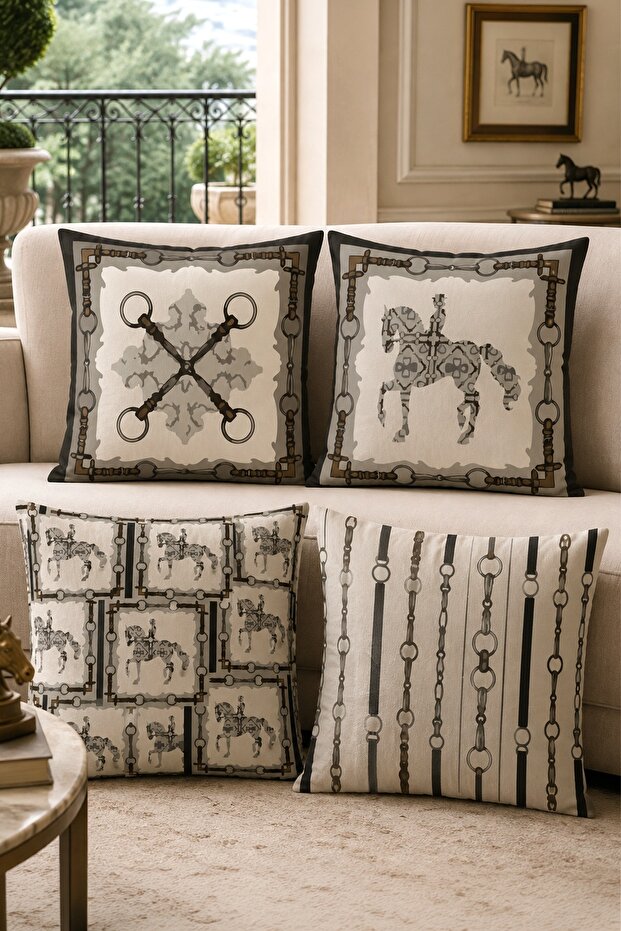Drawing Horse Tools Patterned 4-Piece Throw Pillow Cover Set